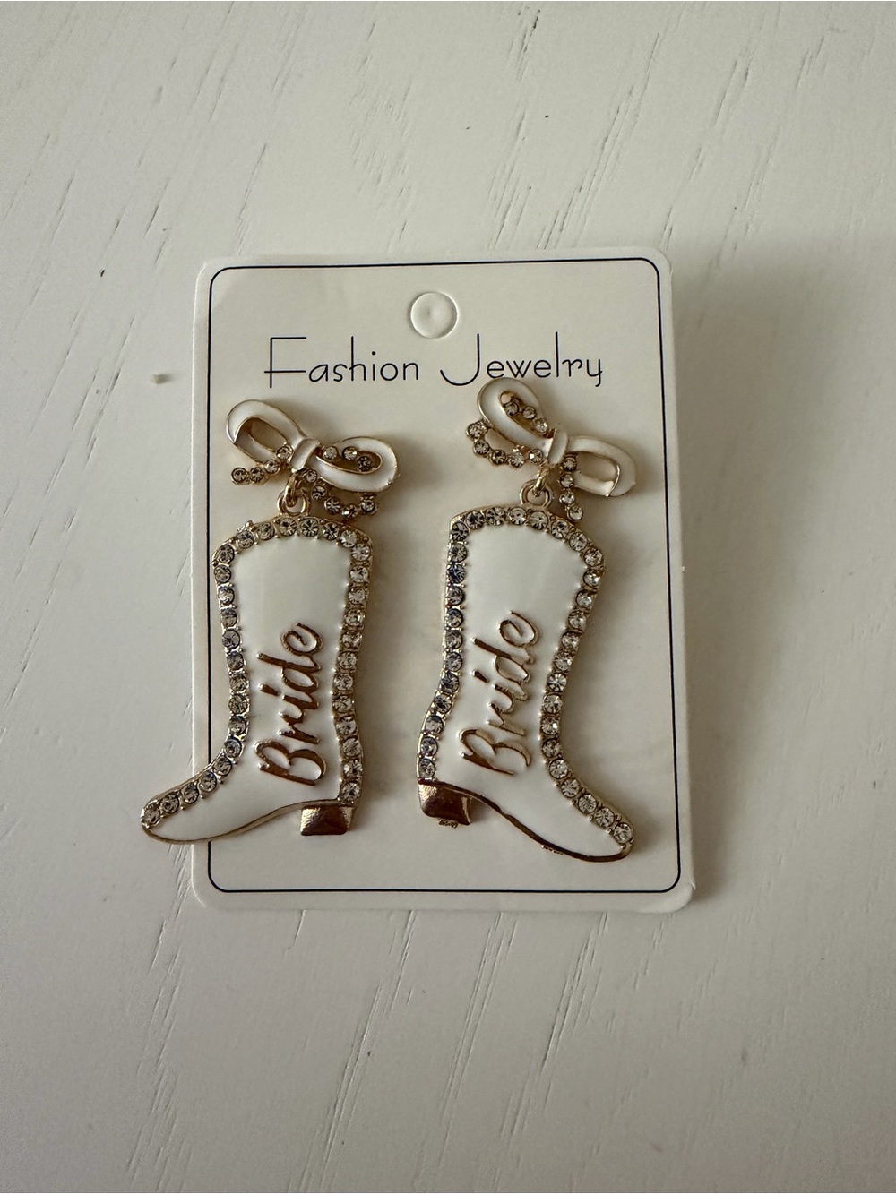 Fashion Jewelry White and Gold 'Bride' Rhinestone Cowboy Boot Earrings